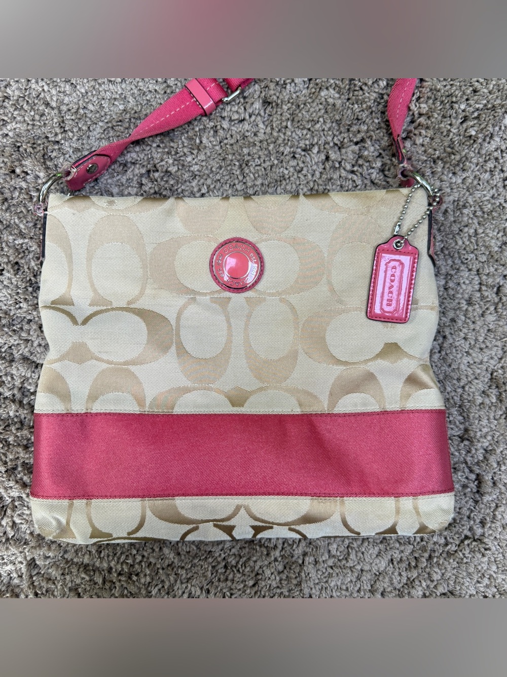 Coach Beige Signature Canvas Shoulder Bag with Pink Accents